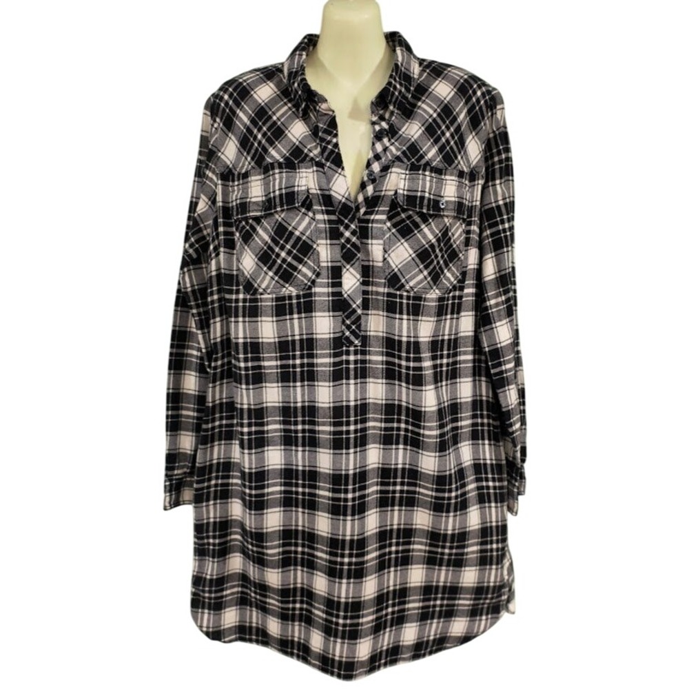 J. Crew Plaid Tunic Shirt Dress Black White Long Sleeve Pockets Size Medium